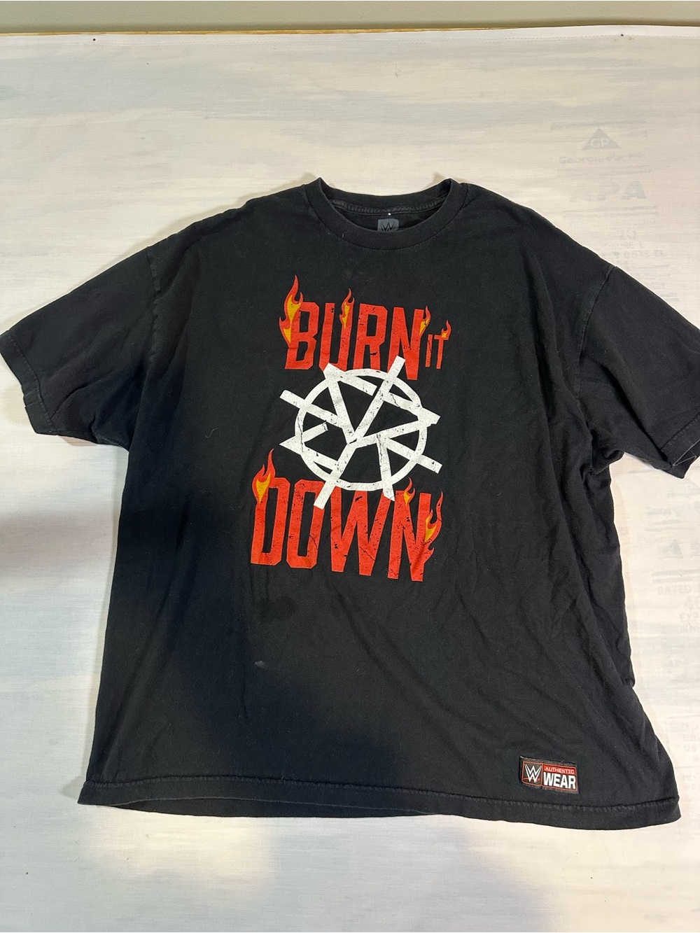 WWE Black "Burn It Down" Graphic Tee with Red and White Print